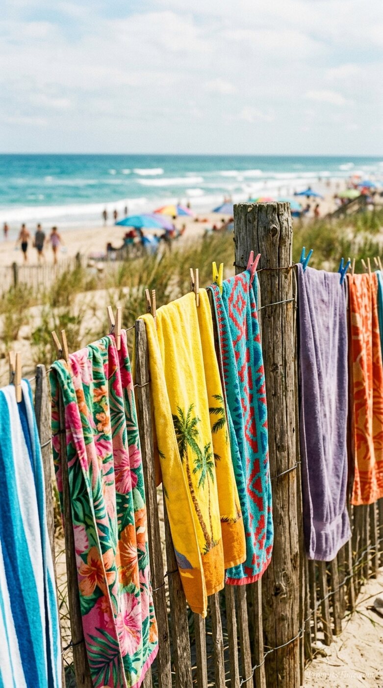 Beach towels hanging on fence — AI-generated images image