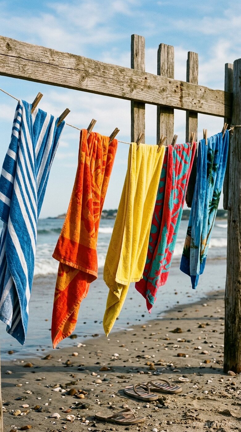 Beach towels hanging on fence 2 — AI-generated images image
