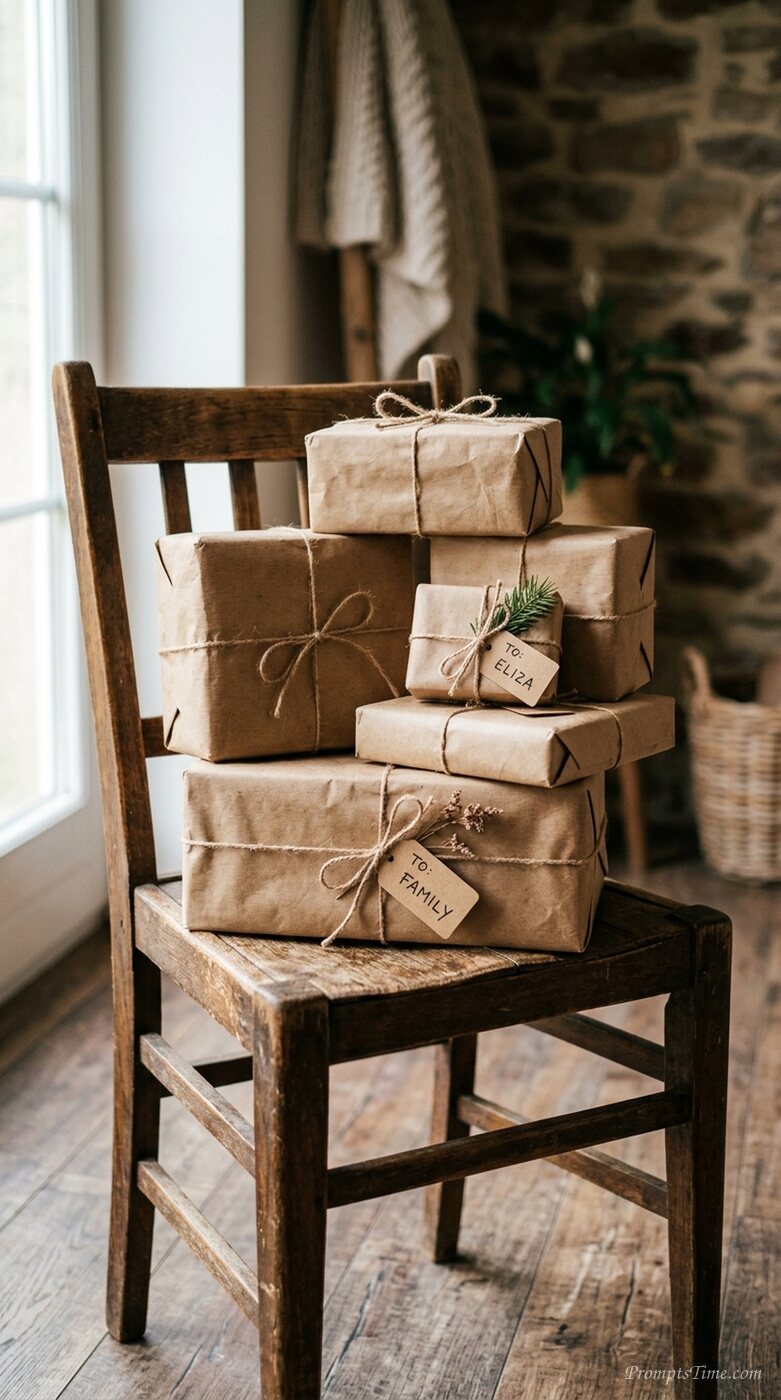 Gifts stacked on wooden chair — AI-generated images image