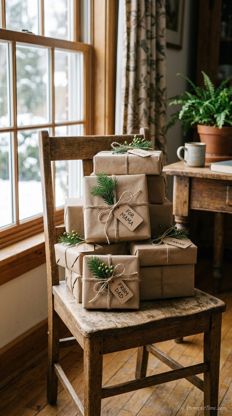 Wrapped gifts on wooden chair — AI-generated images image