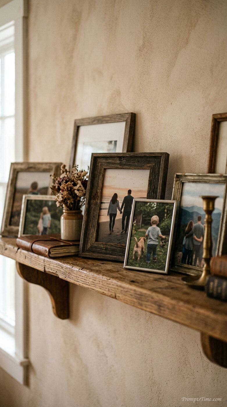 Family photos on wooden shelf 2 — AI-generated images image