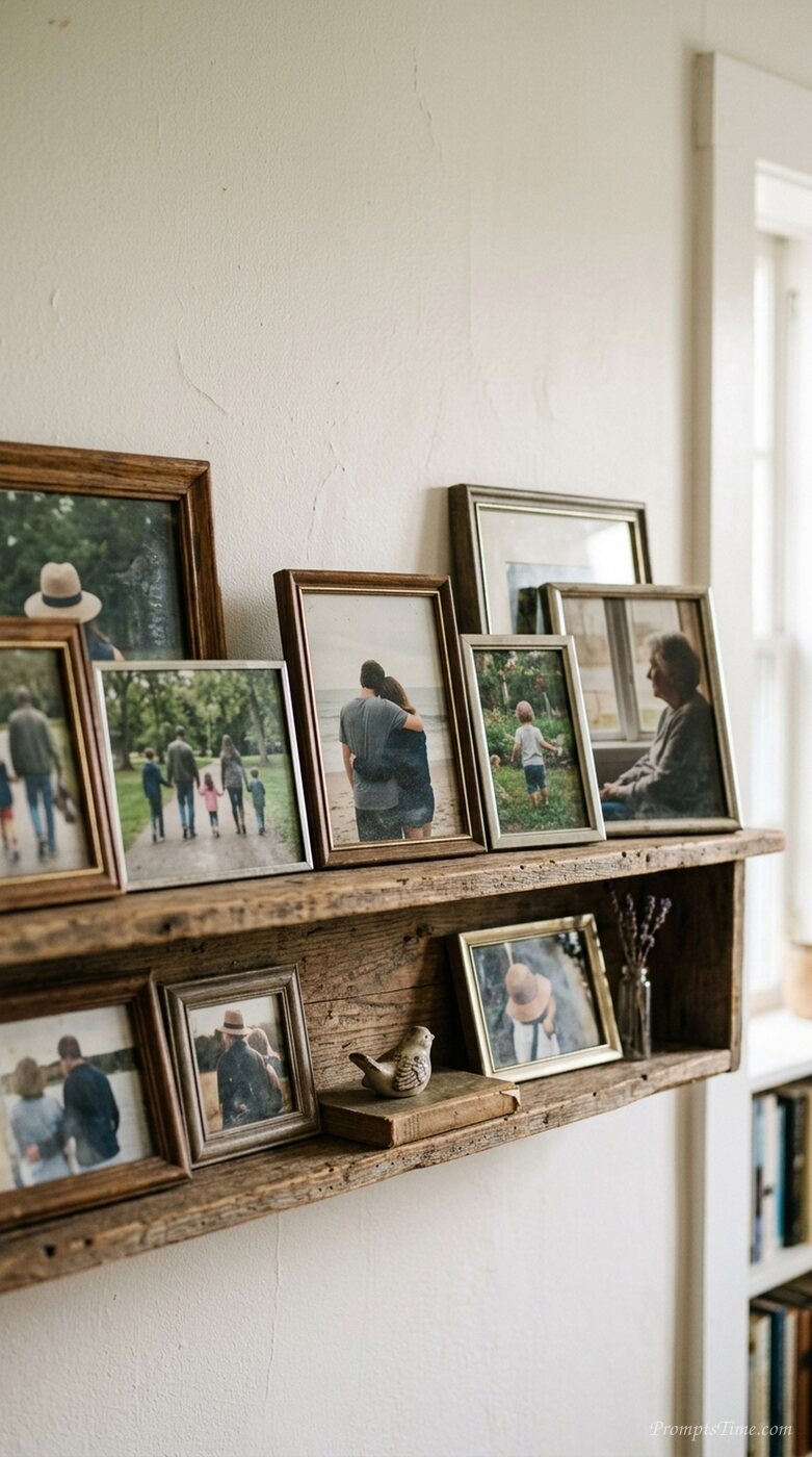 Family photos on wooden shelf — AI-generated images image