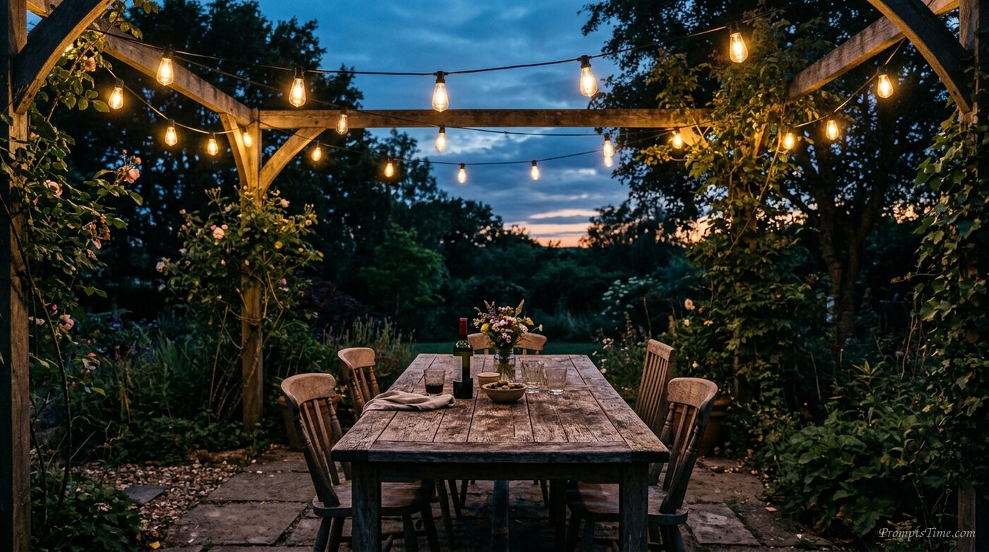 String lights over wooden table — AI-generated images image