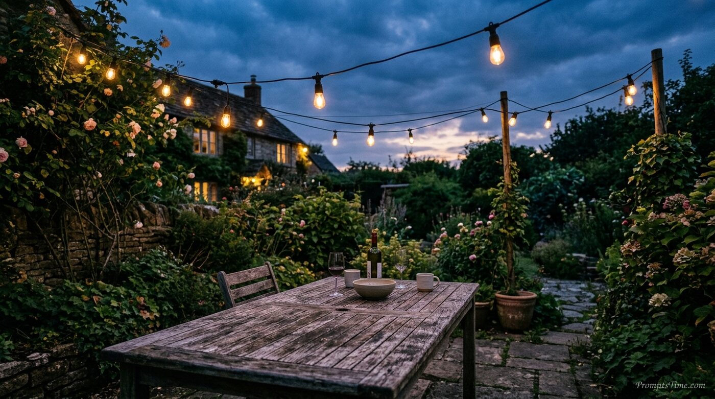 String lights over garden table — AI-generated images image