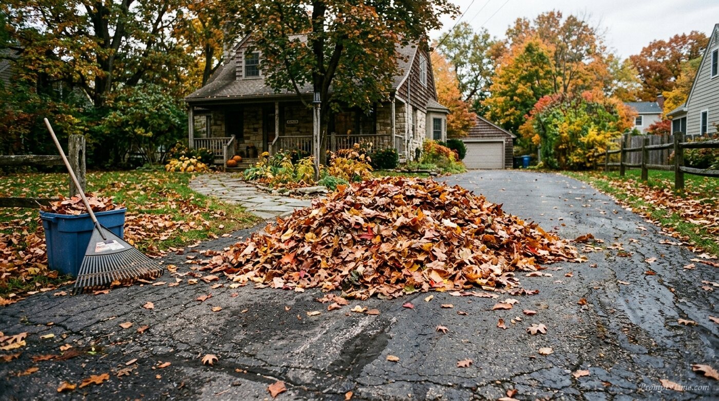 Autumn leaves on driveway — AI-generated images image