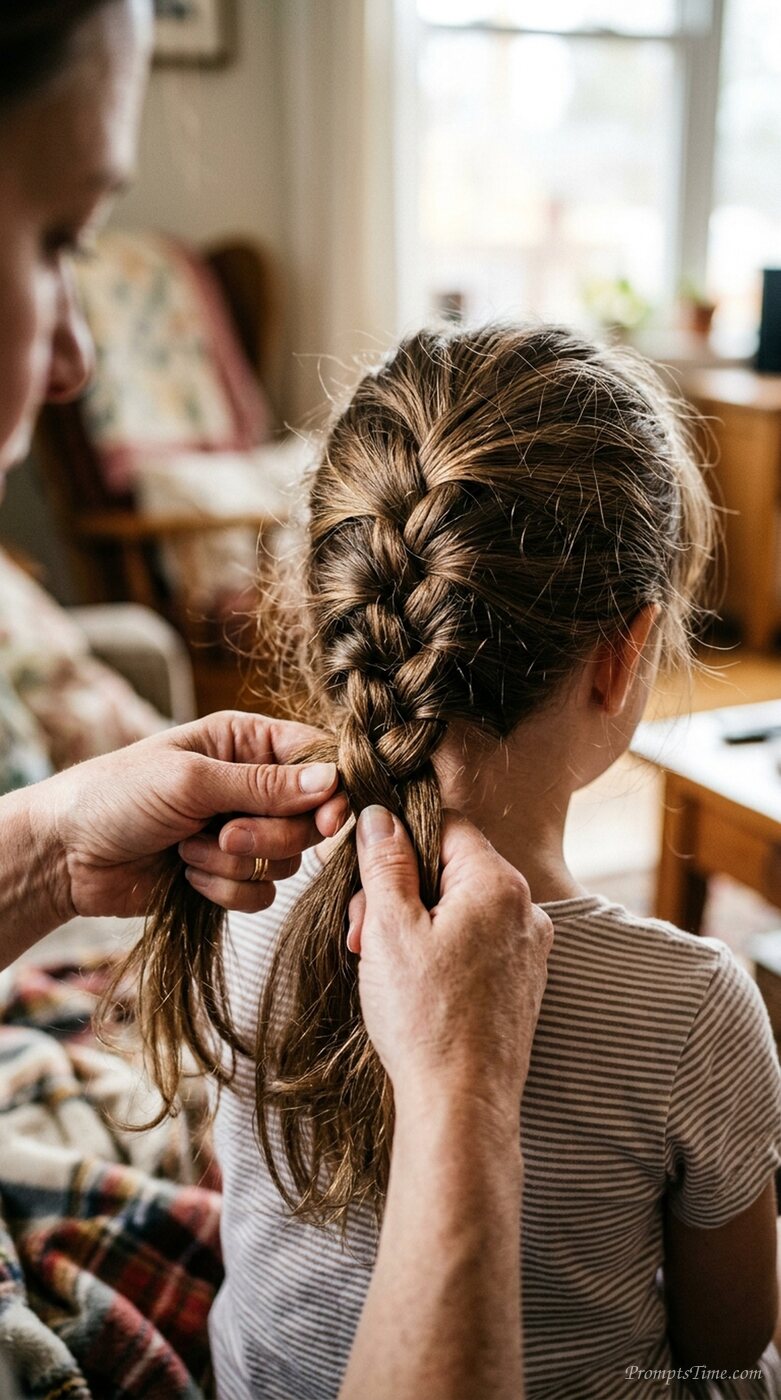 Hands plaiting child's hair — AI-generated images image