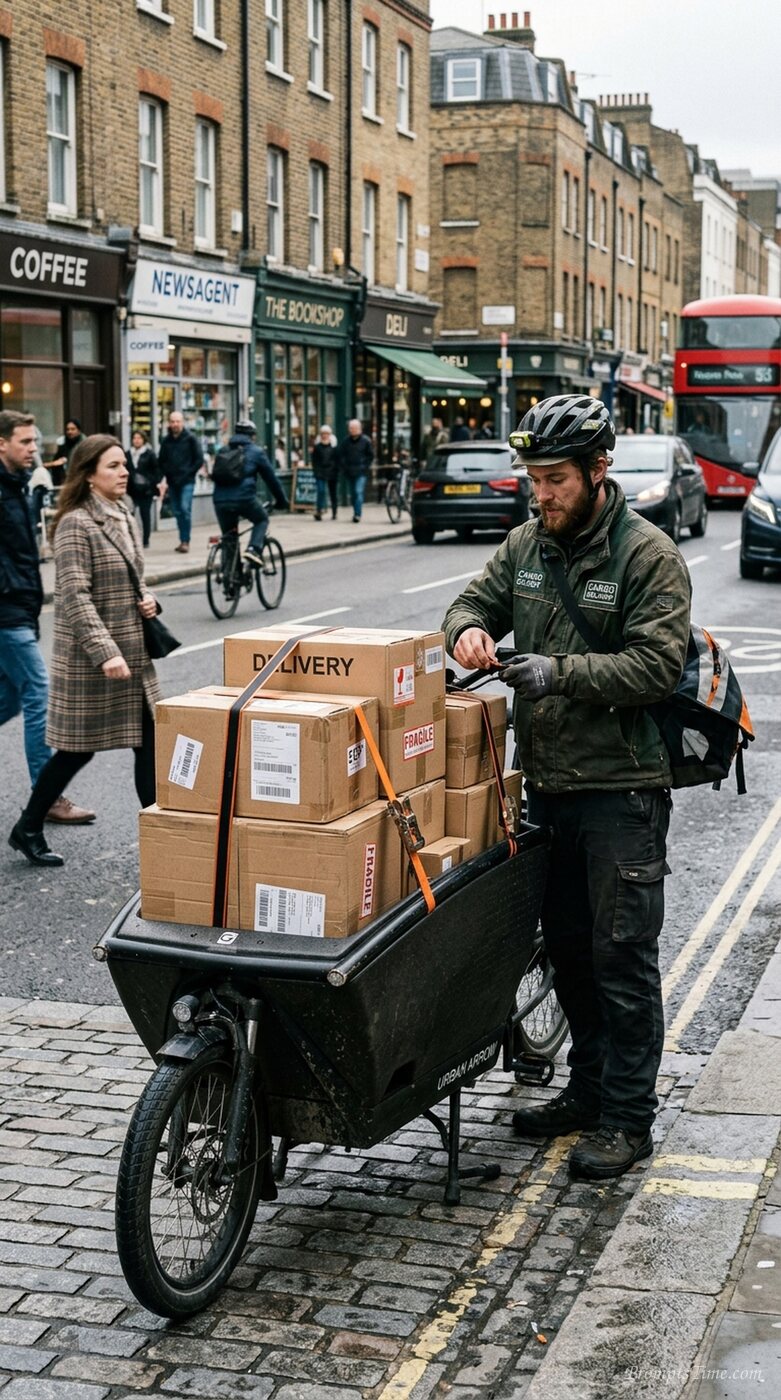 Cargo bike carrying cardboard boxes — AI-generated images image
