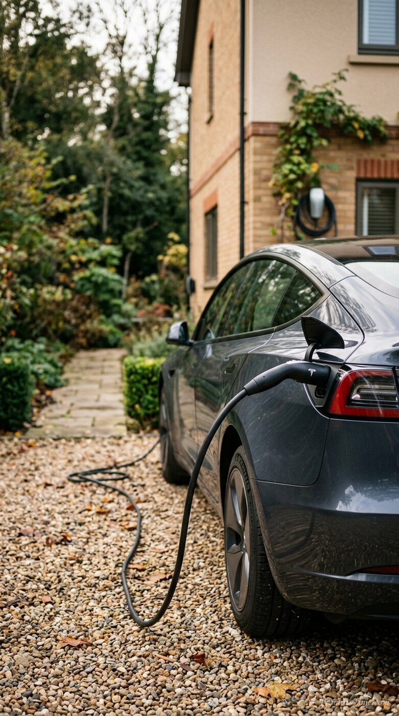 Electric car charging on driveway — AI-generated images image