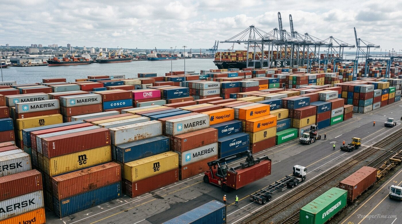 Shipping containers stacked in port — AI-generated images image