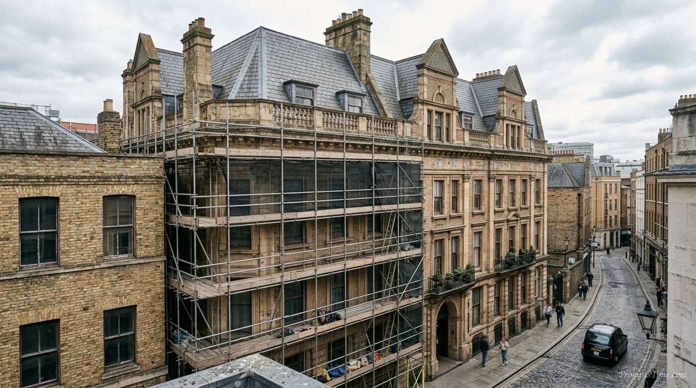 Metal scaffolding against building — AI-generated images image