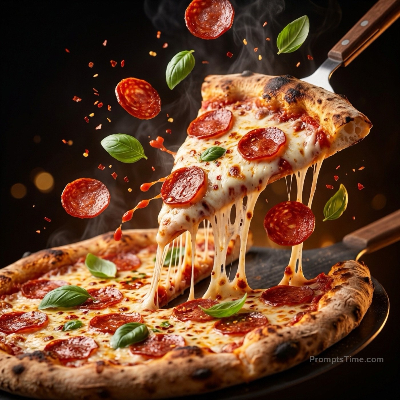 Slice of wood-fired pizzlifted from the pie with long stretc — AI-generated variation made with Gemini Image