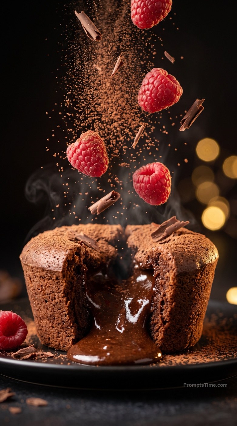 Chocolate lavcake split open with molten chocolate flowing o — AI-generated variation made with Gemini Image