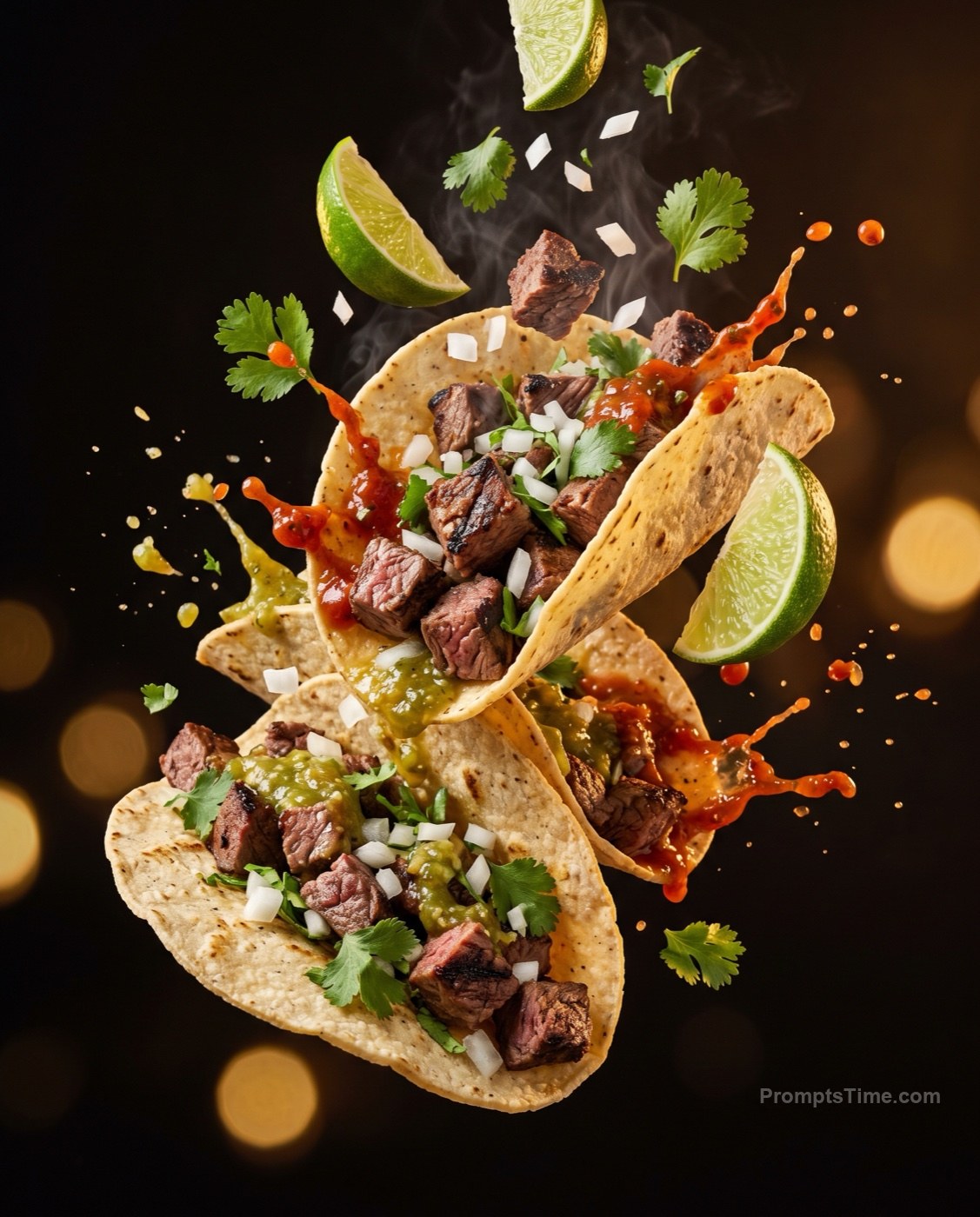 Three loaded street tacos with flying grilled meat, onion, c — AI-generated variation made with Gemini Image