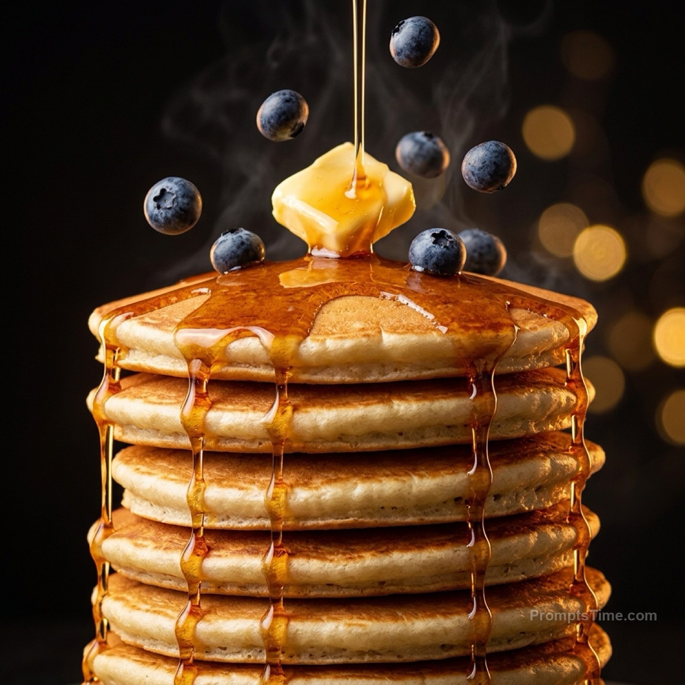 Tall stack of fluffy pancakes with maple syrup pouring down, — AI-generated variation made with Gemini Image