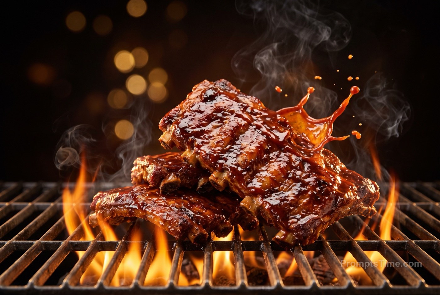 Sticky glazed bbq ribs on grill with flames licking up, sauc — AI-generated variation made with Gemini Image