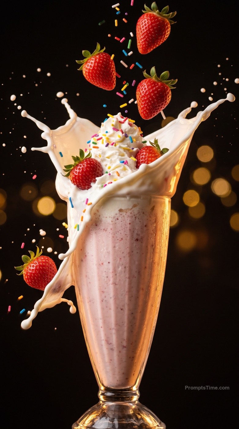 Strawberry milkshake exploding with splash of milk, whipped  — AI-generated variation made with Gemini Image