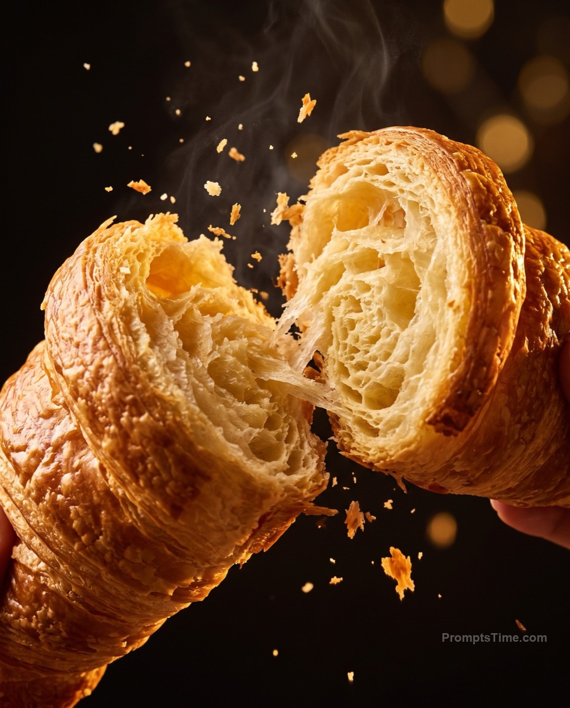 Golden butter croissant being torn apart with flaky layers a — AI-generated variation made with Gemini Image