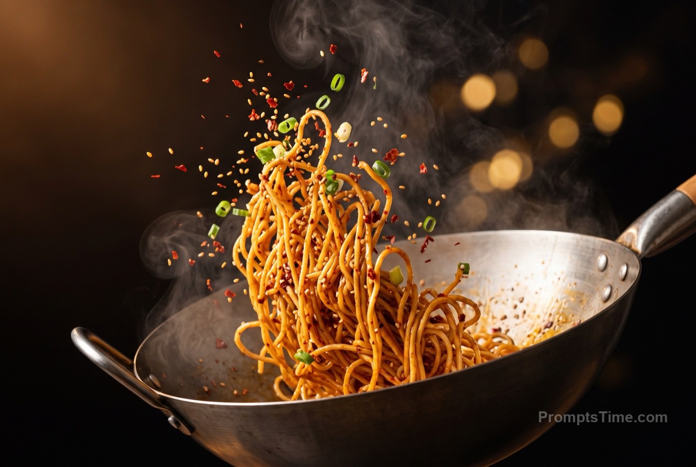 Spicy chili oil noodles tossed from wok, red chili flakes, s — AI-generated variation made with Gemini Image