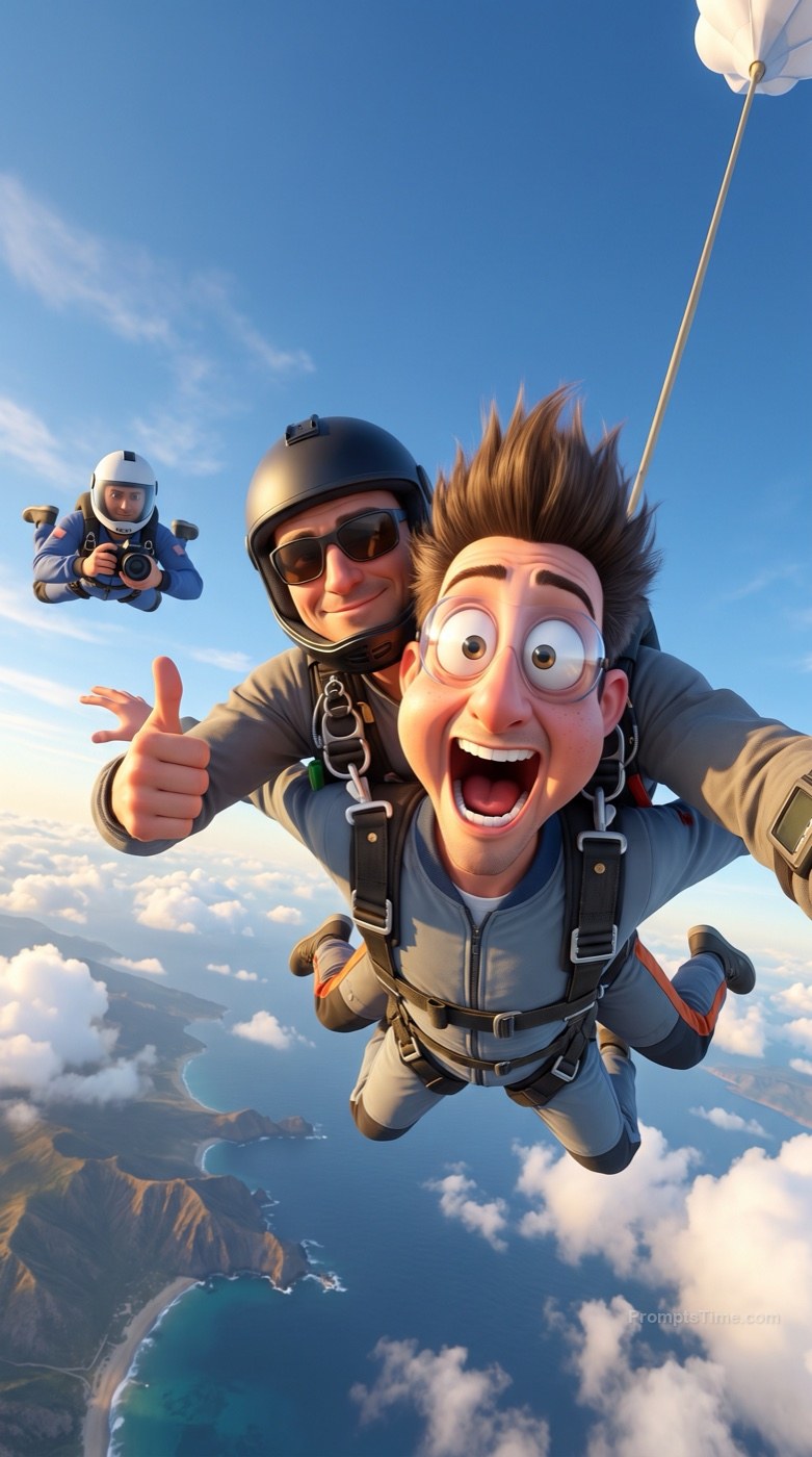 First-Time Skydiver (3D Cartoon) — AI-generated images image made with Gemini Image (Google Flow)