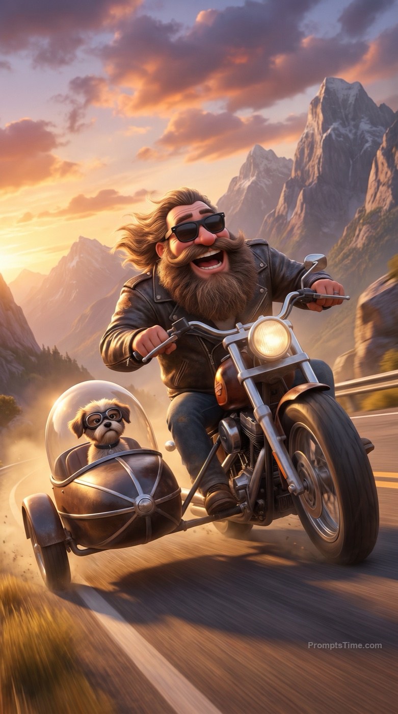 Funny Biker with a Sidecar Dog — AI-generated images image made with Gemini Image (Google Flow)