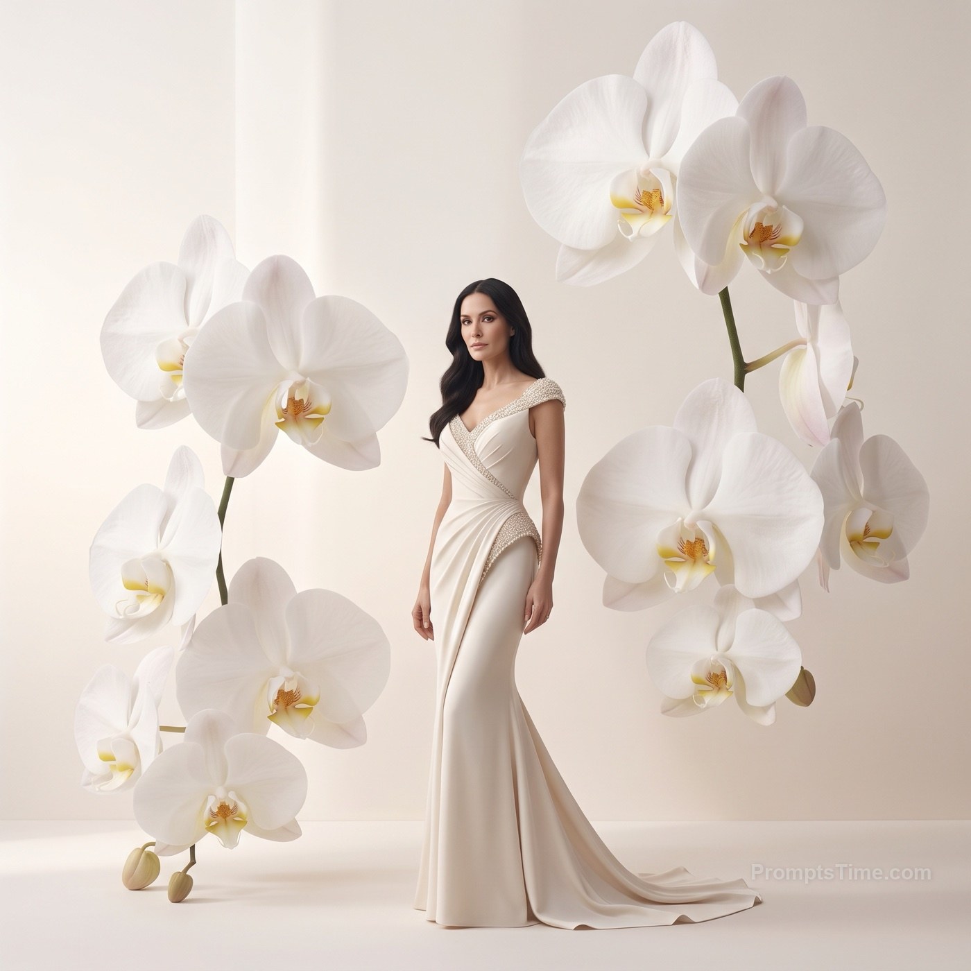 Flowing ivory silk gown — AI-generated lifestyle image