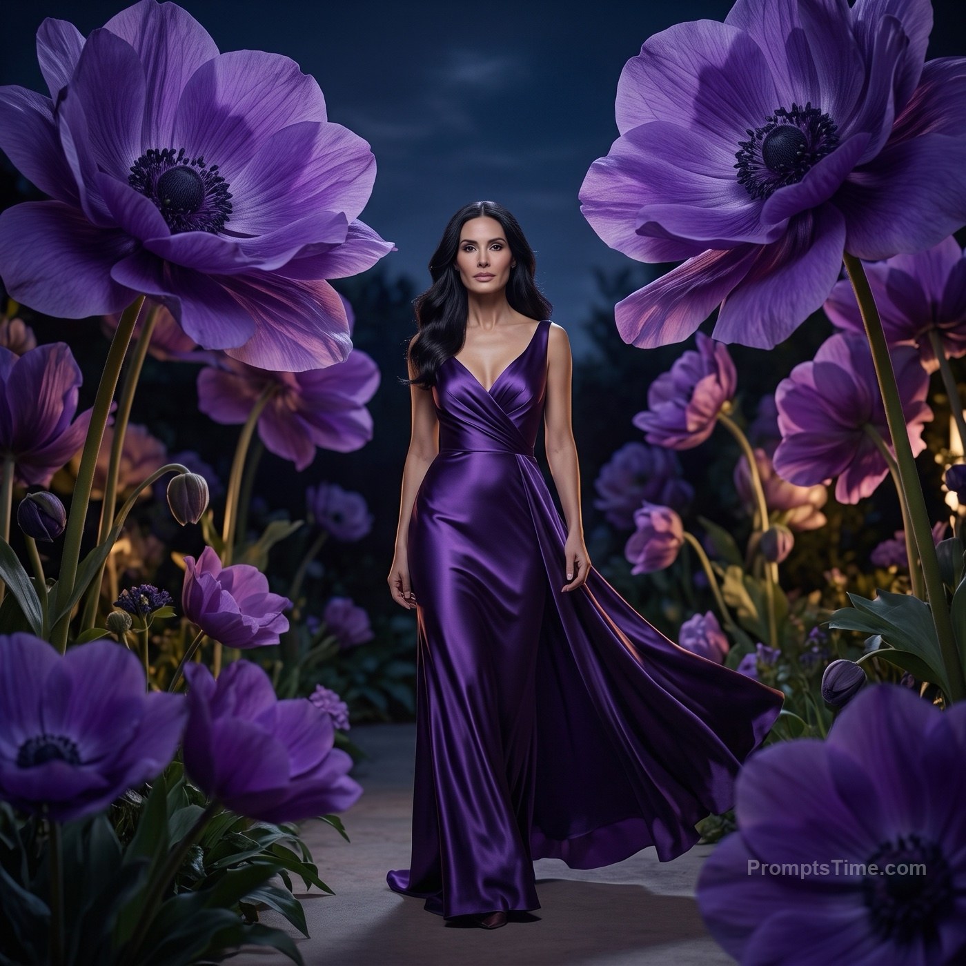 Violet satin gown — AI-generated lifestyle image