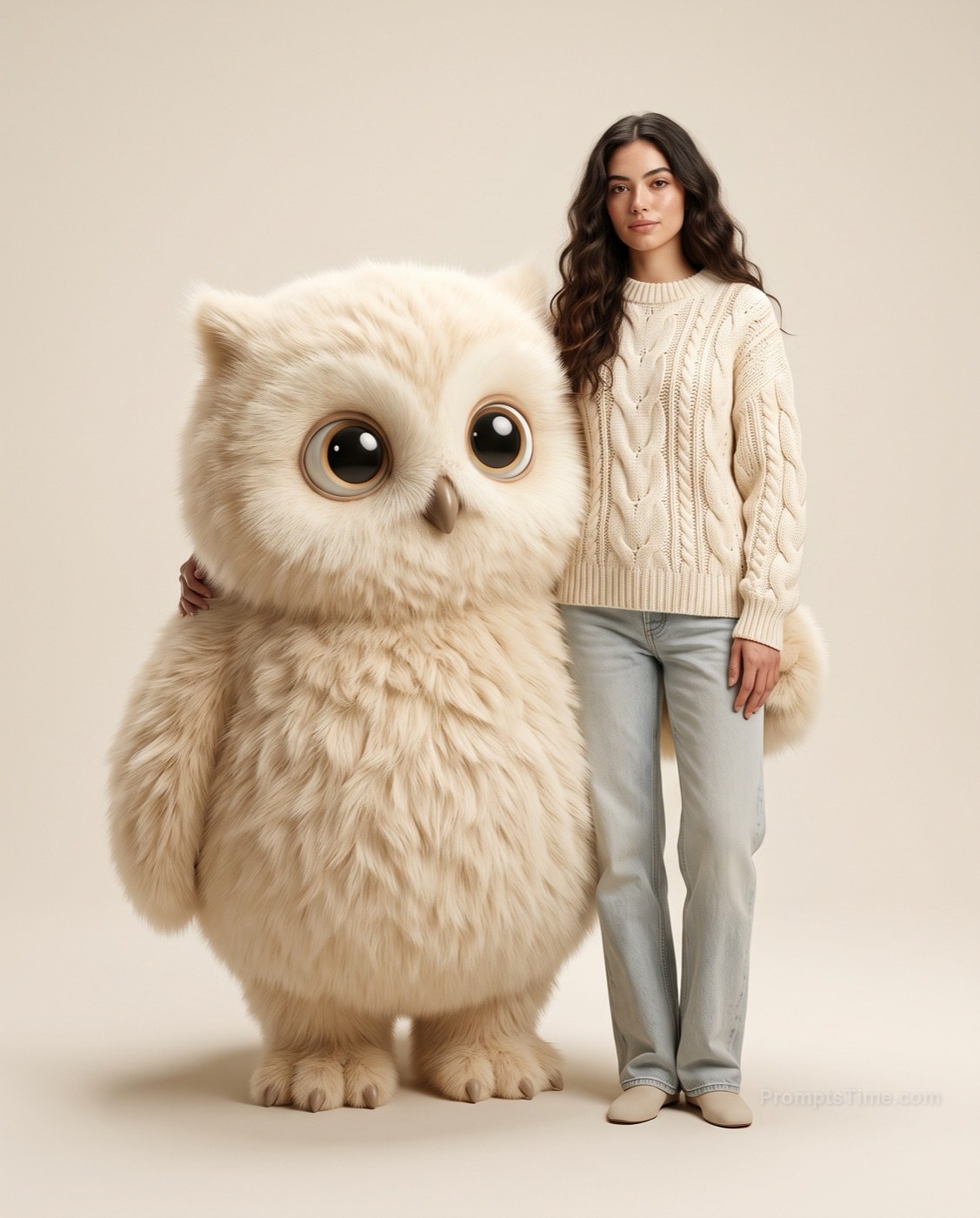 Long wavy dark hair in cream cable-knit sweater and light je — AI-generated variation made with Gemini Image
