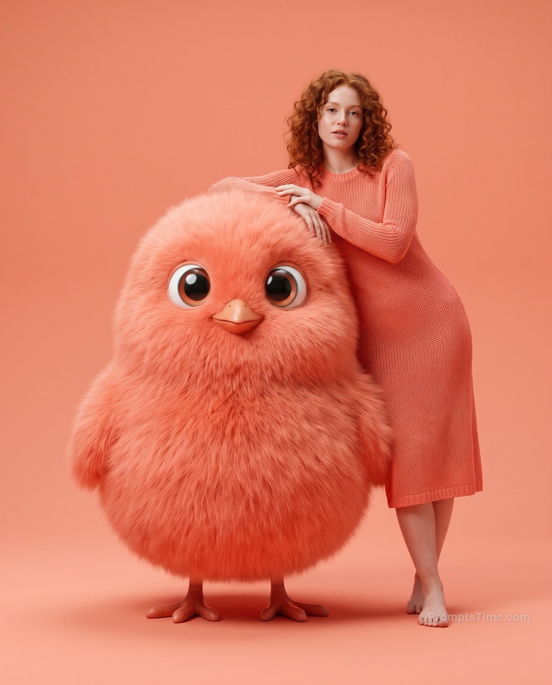 Red curly hair in coral knit dress, leaning on giant fluffy — AI-generated variation made with Gemini Image