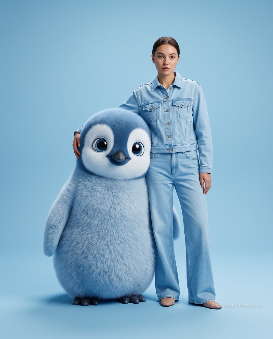 Woman in sky-blue denim jacket and wide jeans, arm around gi — AI-generated variation made with Gemini Image