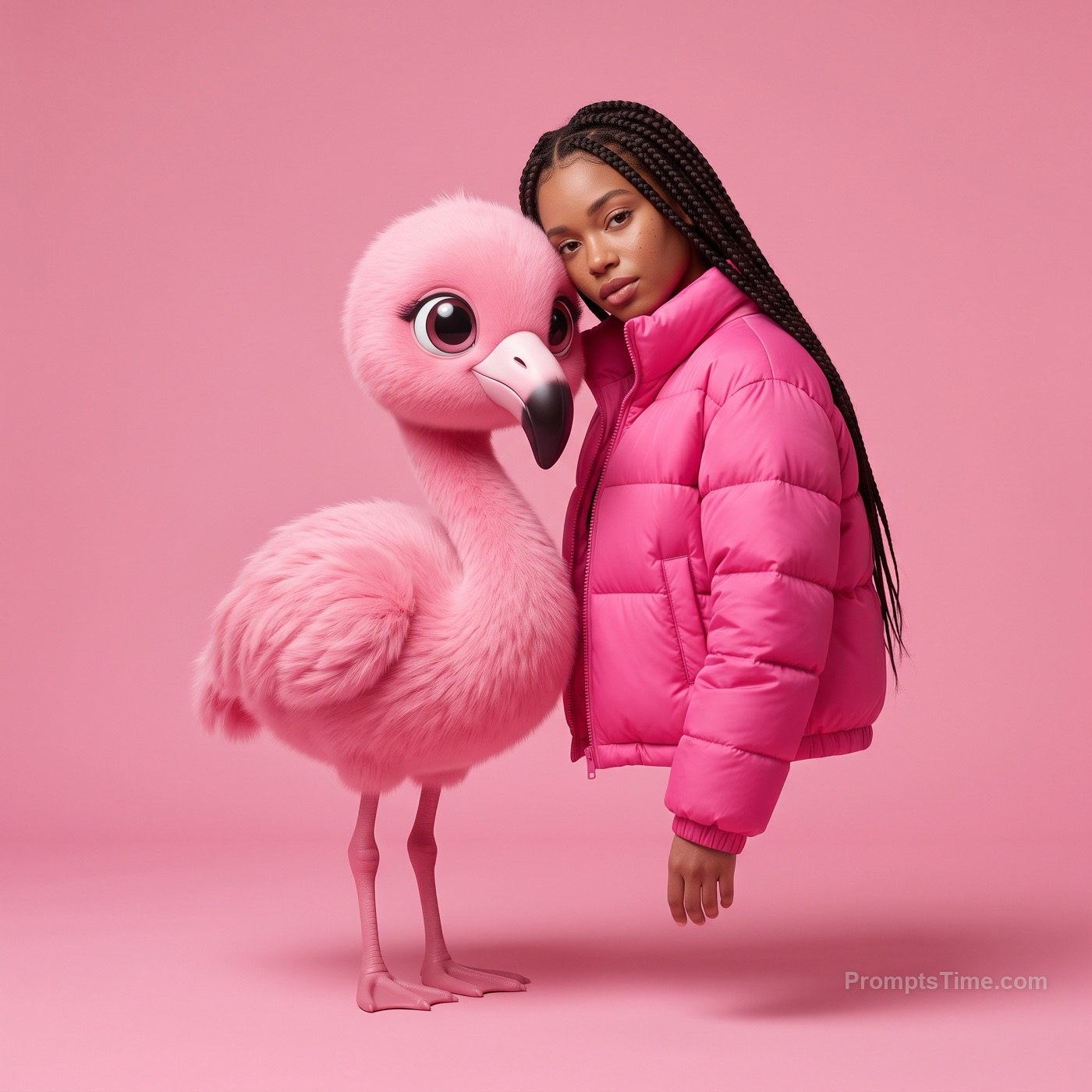Long box braids in hot-pink puffer jacket, cheek to cheek wi — AI-generated variation made with Gemini Image
