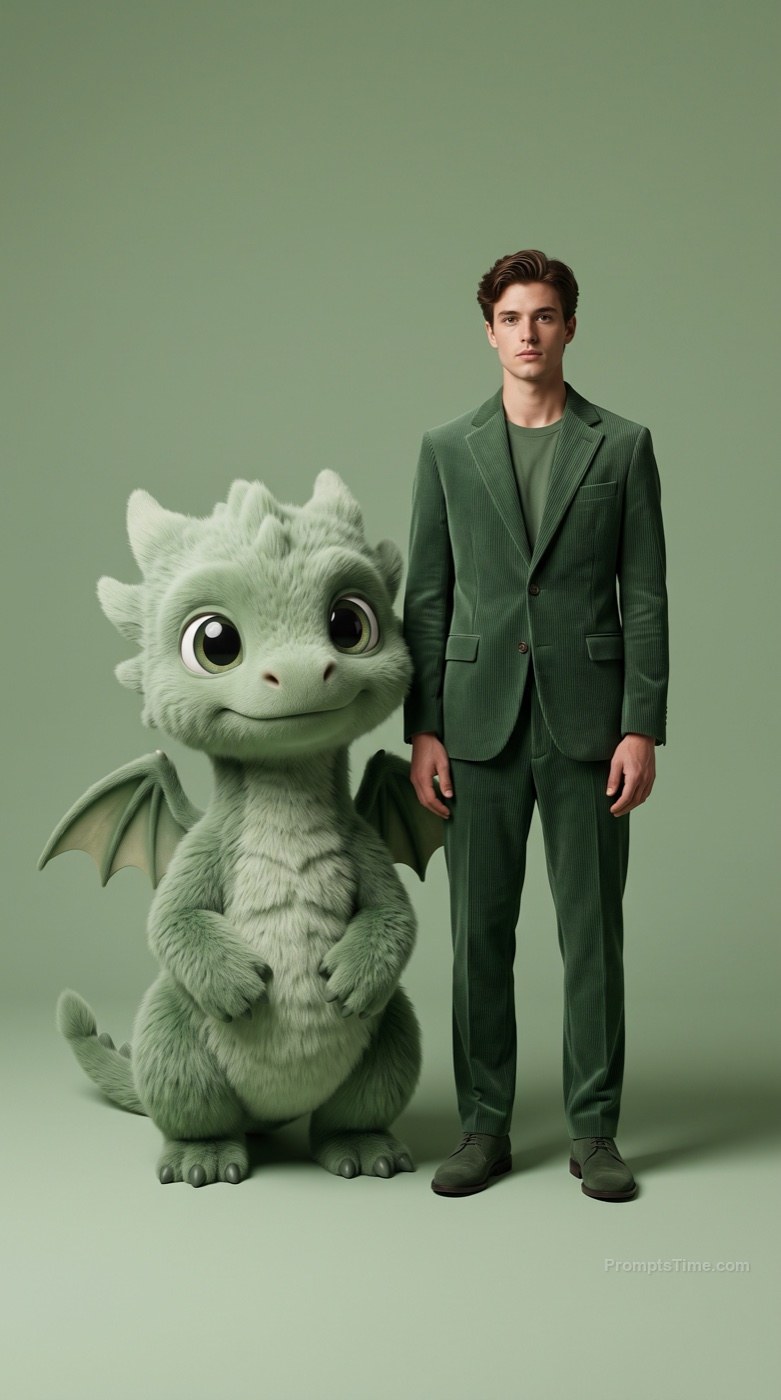 Man in forest-green corduroy suit, standing tall beside gian — AI-generated variation made with Gemini Image