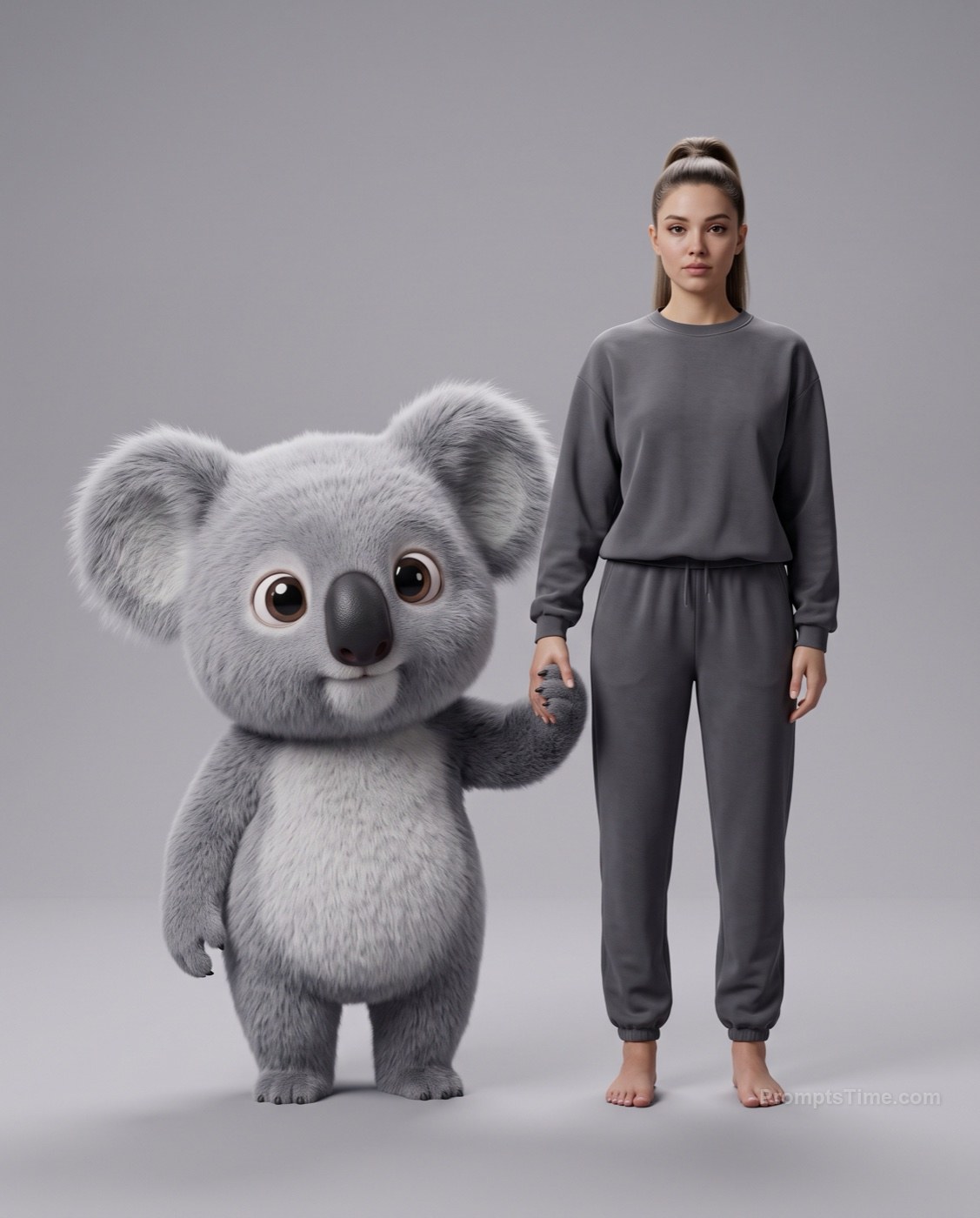 High ponytail in charcoal-grey tracksuit, holding hands with — AI-generated variation made with Gemini Image