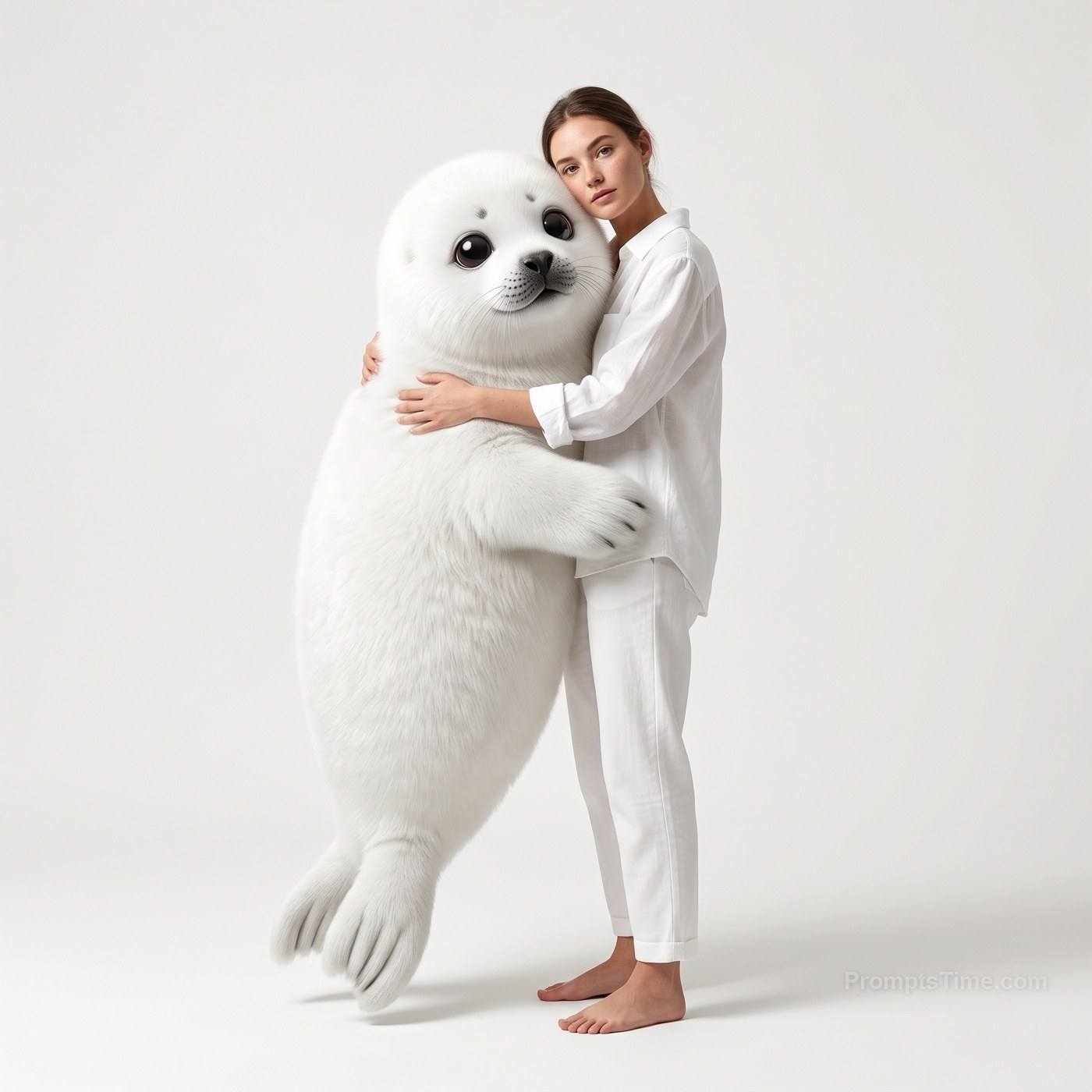 Woman in white linen shirt and white trousers, hugging giant — AI-generated variation made with Gemini Image
