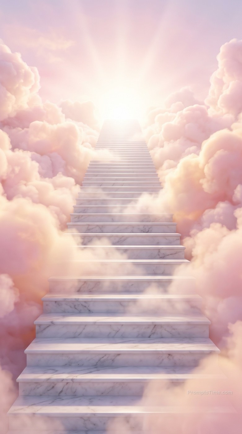 White marble staircase rising through soft pink and gold clo — AI-generated images image