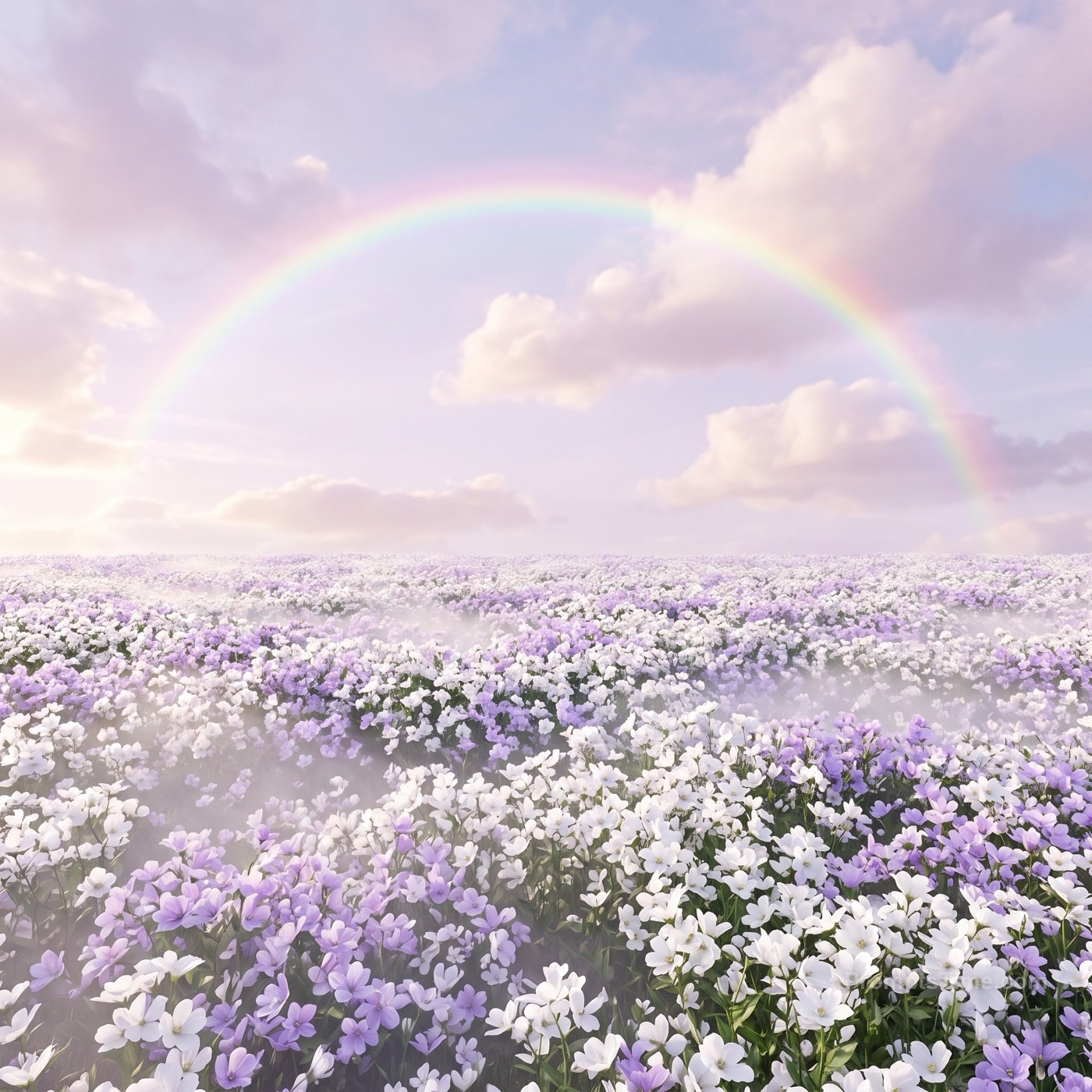 An endless meadow of white and lavender flowers under pastel — AI-generated variation made with Gemini Image