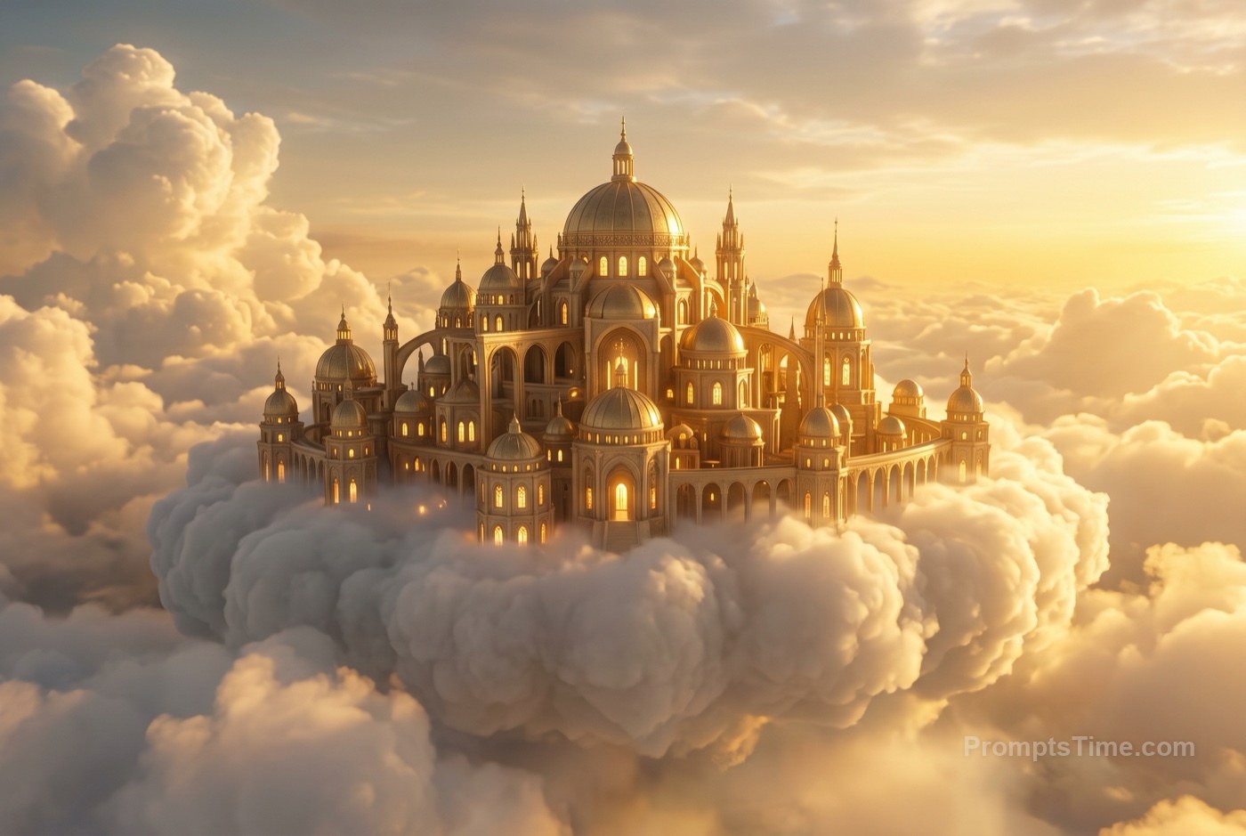 Golden city of domes and arches resting on clouds at sunset, — AI-generated variation made with Gemini Image