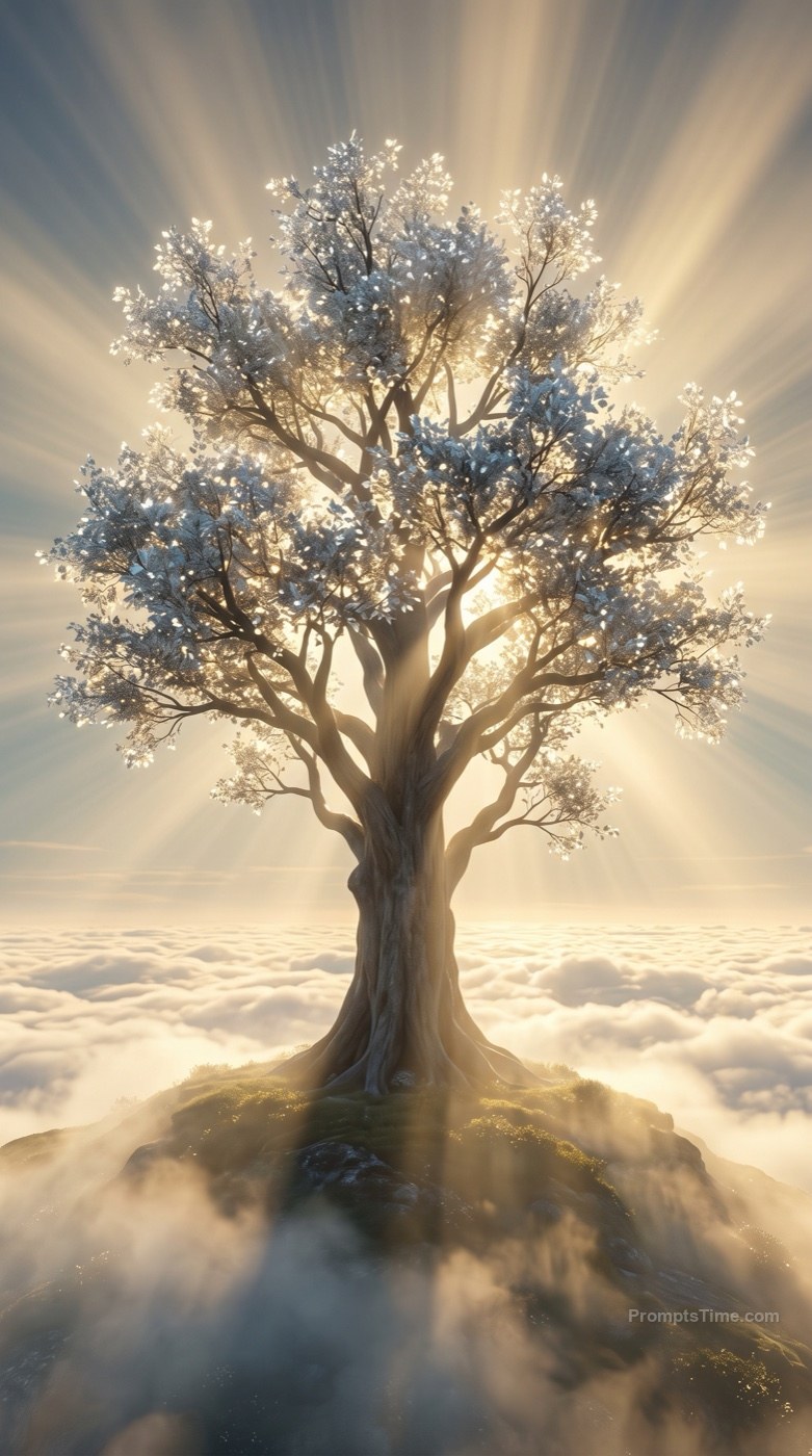 Giant ancient tree with glowing silver leaves on hilltop abo — AI-generated variation made with Gemini Image