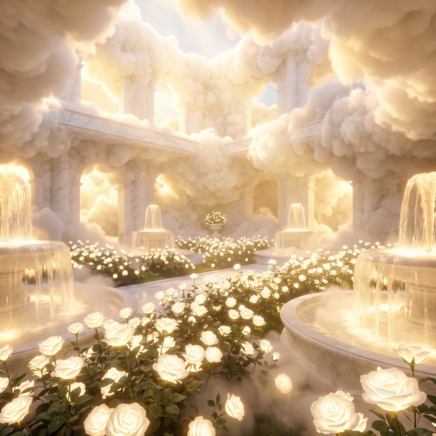 Gentle garden of glowing white roses and soft golden fountai — AI-generated variation made with Gemini Image