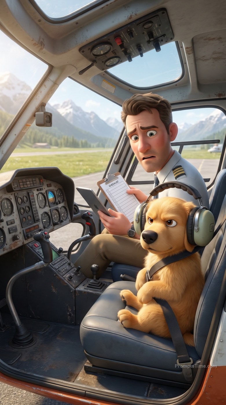 Helicopter Pilot's Unexpected Co-Pilot — AI-generated images image made with Gemini Image (Google Flow)