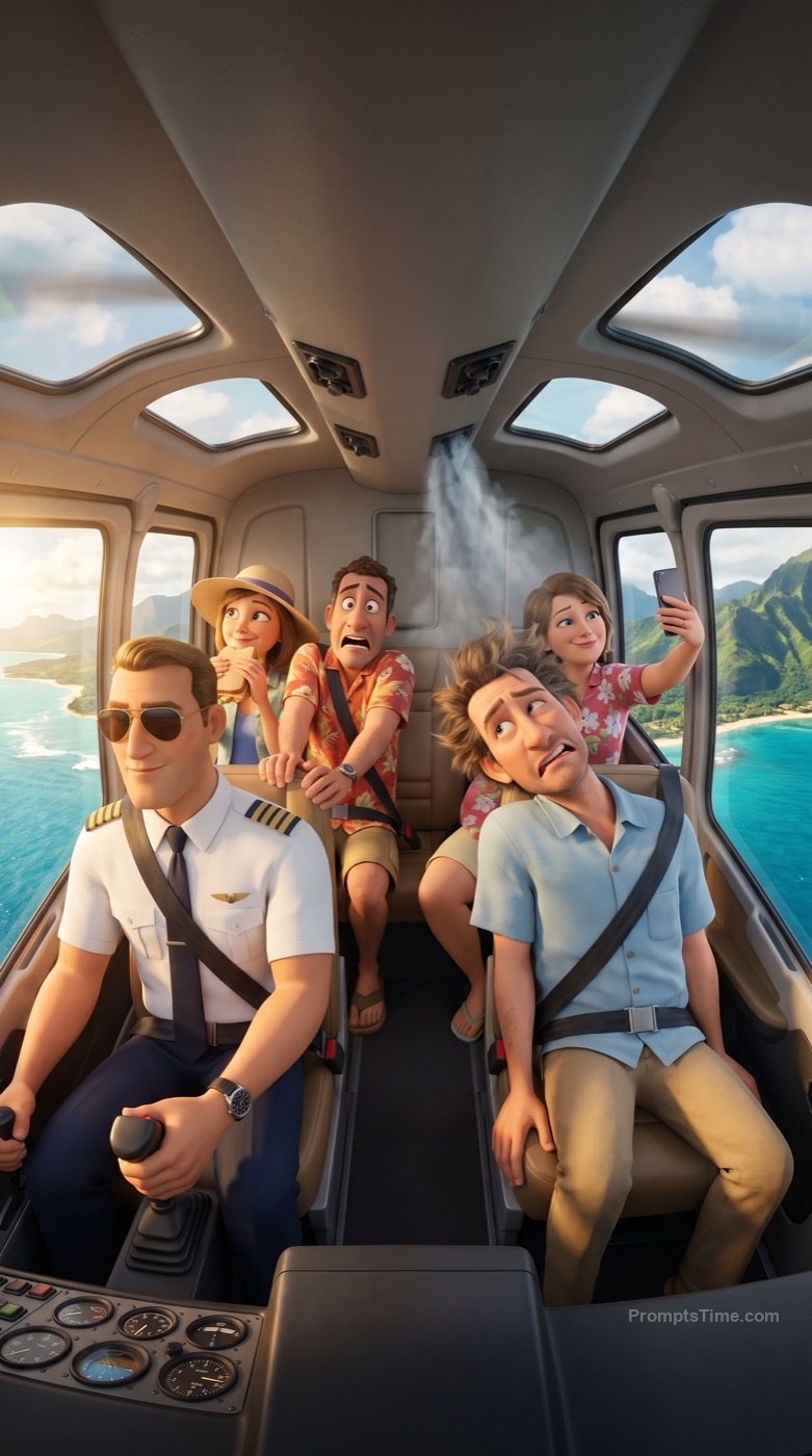 Helicopter Tourists: Four Friends, Four Reactions — AI-generated images image made with Gemini Image (Google Flow)