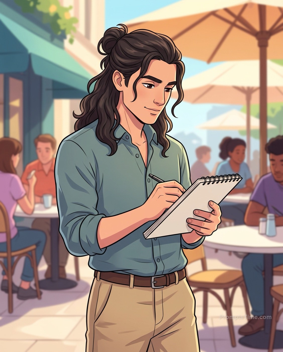 Young man with long wavy dark hair tied half-up — AI-generated variation made with Gemini Image