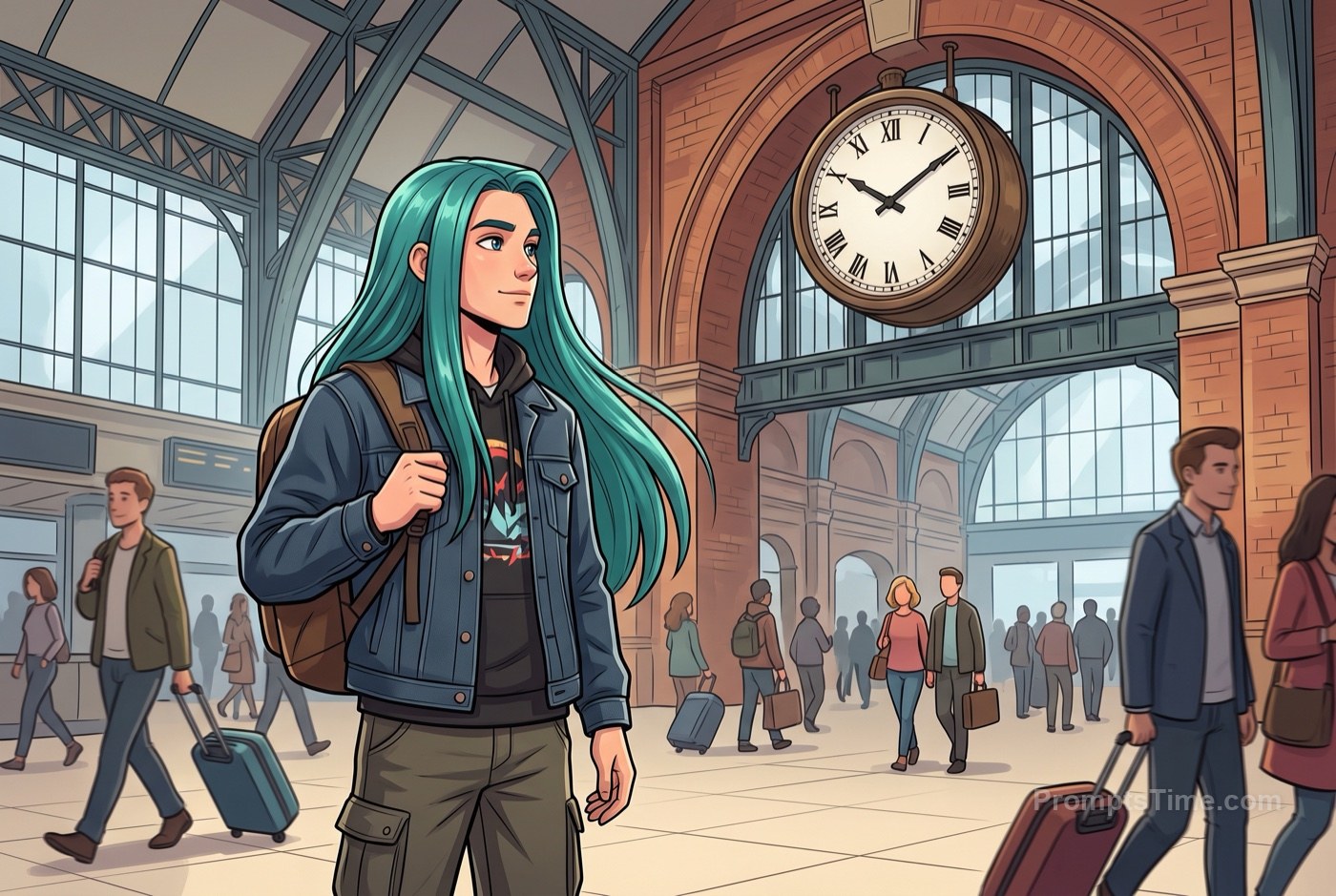Young man with long straight teal-dyed hair and backpack — AI-generated variation made with Gemini Image