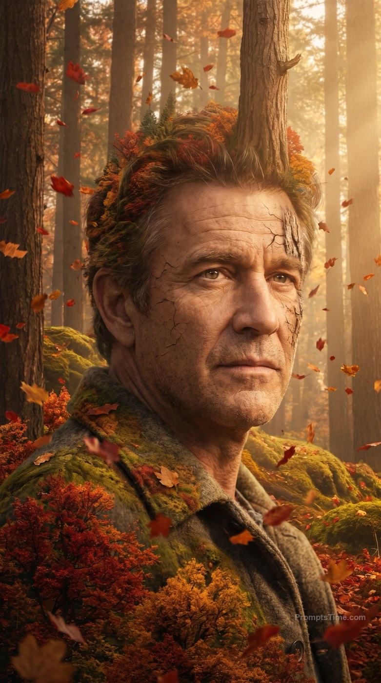 Man Becoming an Autumn Forest — AI-generated images image made with Gemini Image (Google Flow)