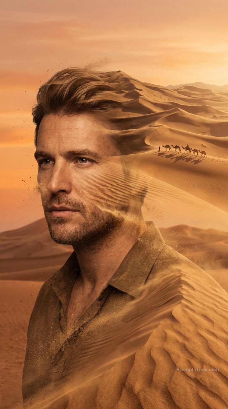 Man Becoming Desert Dunes — AI-generated images image made with Gemini Image (Google Flow)