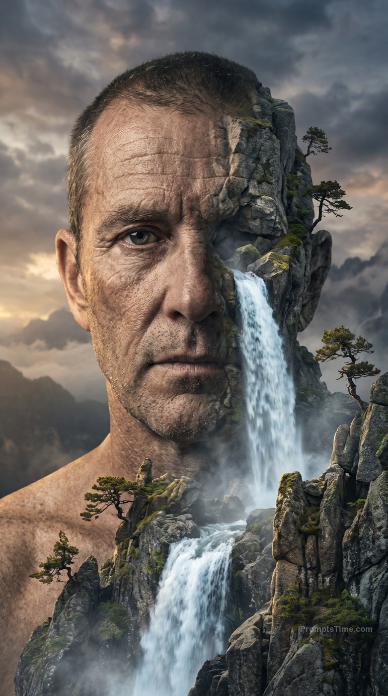 Man Becoming a Mountain Waterfall — AI-generated images image made with Gemini Image (Google Flow)