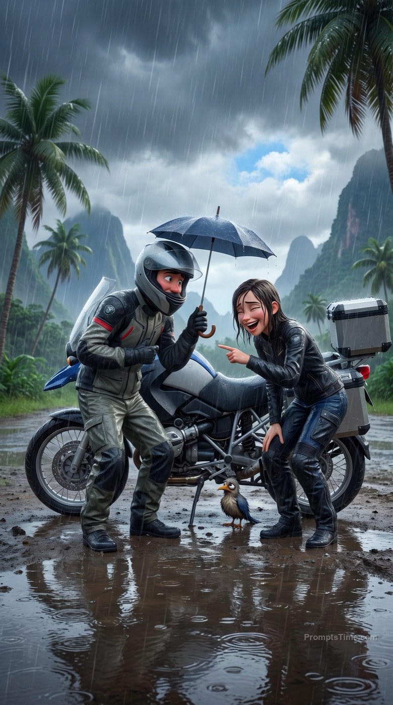 Motorcycle Couple and the Tiny Umbrella — AI-generated images image made with Gemini Image (Google Flow)