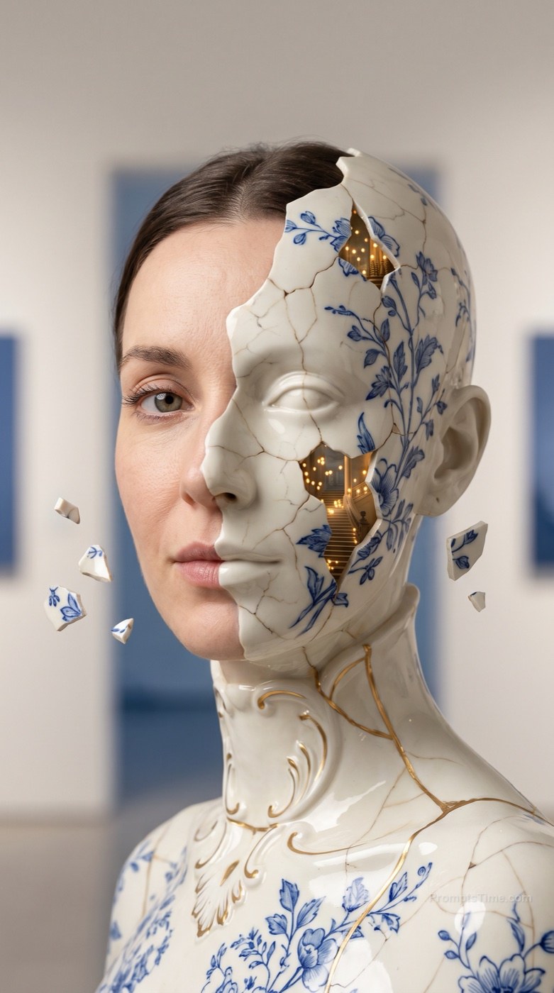 Porcelain Woman with a Hidden Glowing World — AI-generated images image made with Gemini Image (Google Flow)