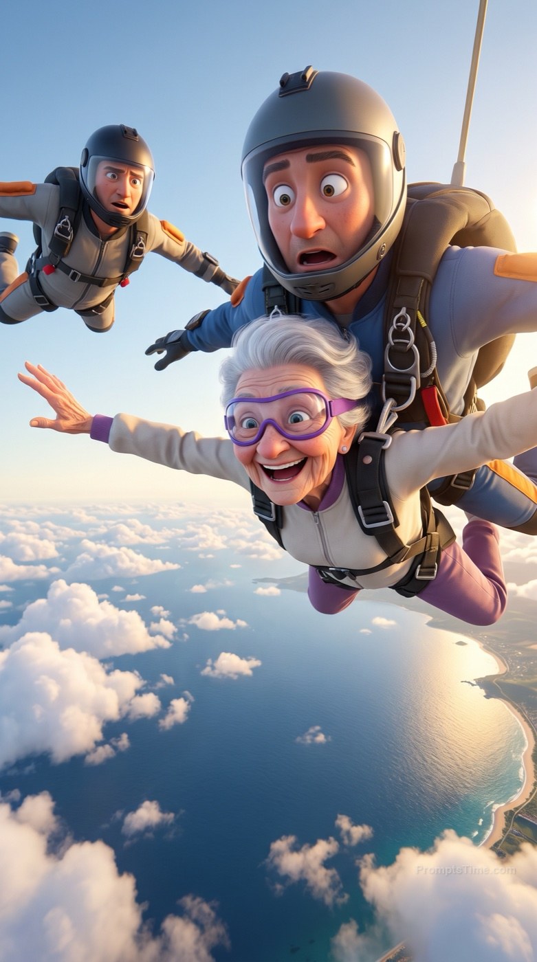 Skydiving Grandma — AI-generated images image made with Gemini Image (Google Flow)