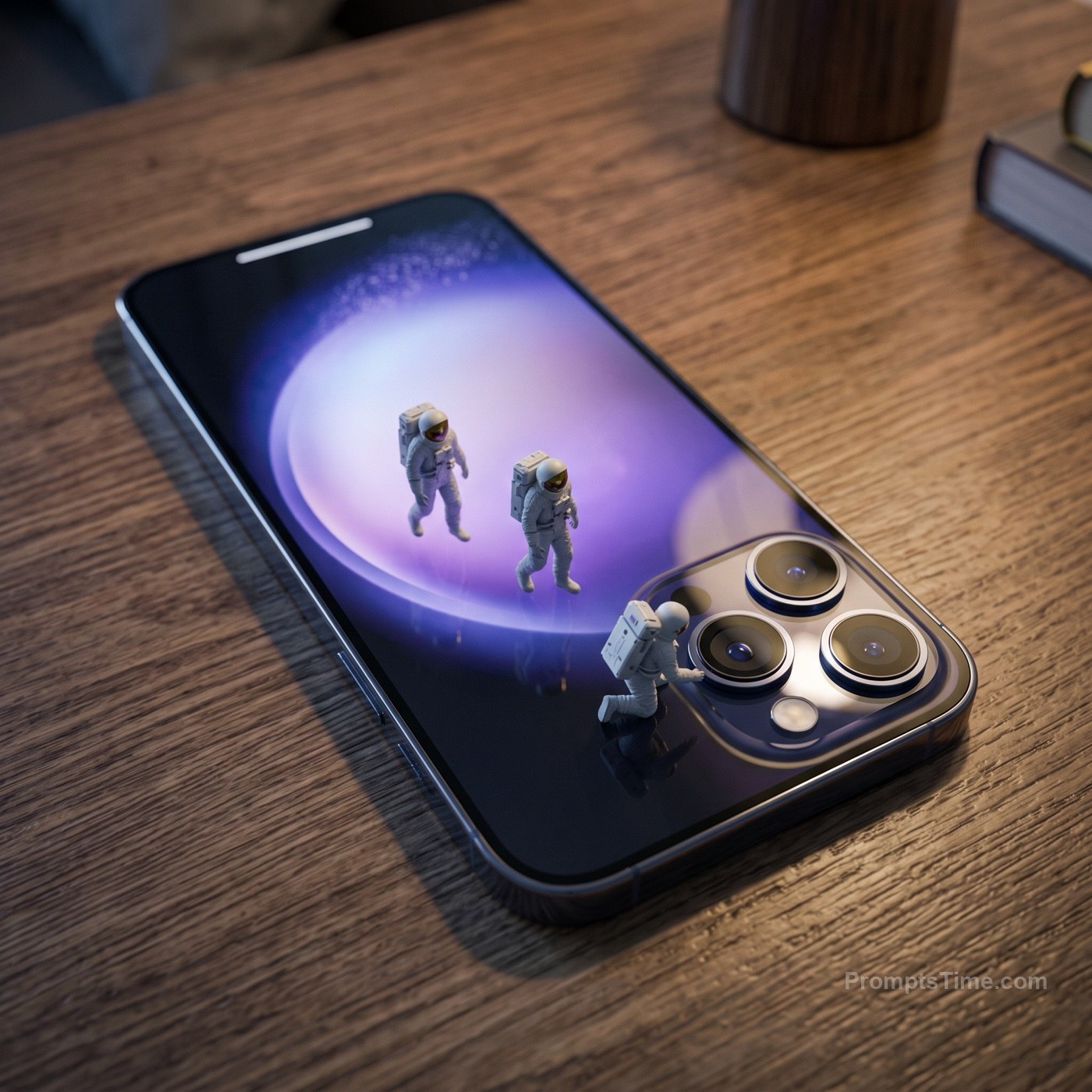 Smartphone on wooden desk, its screen glowing like planet — AI-generated variation made with Gemini Image