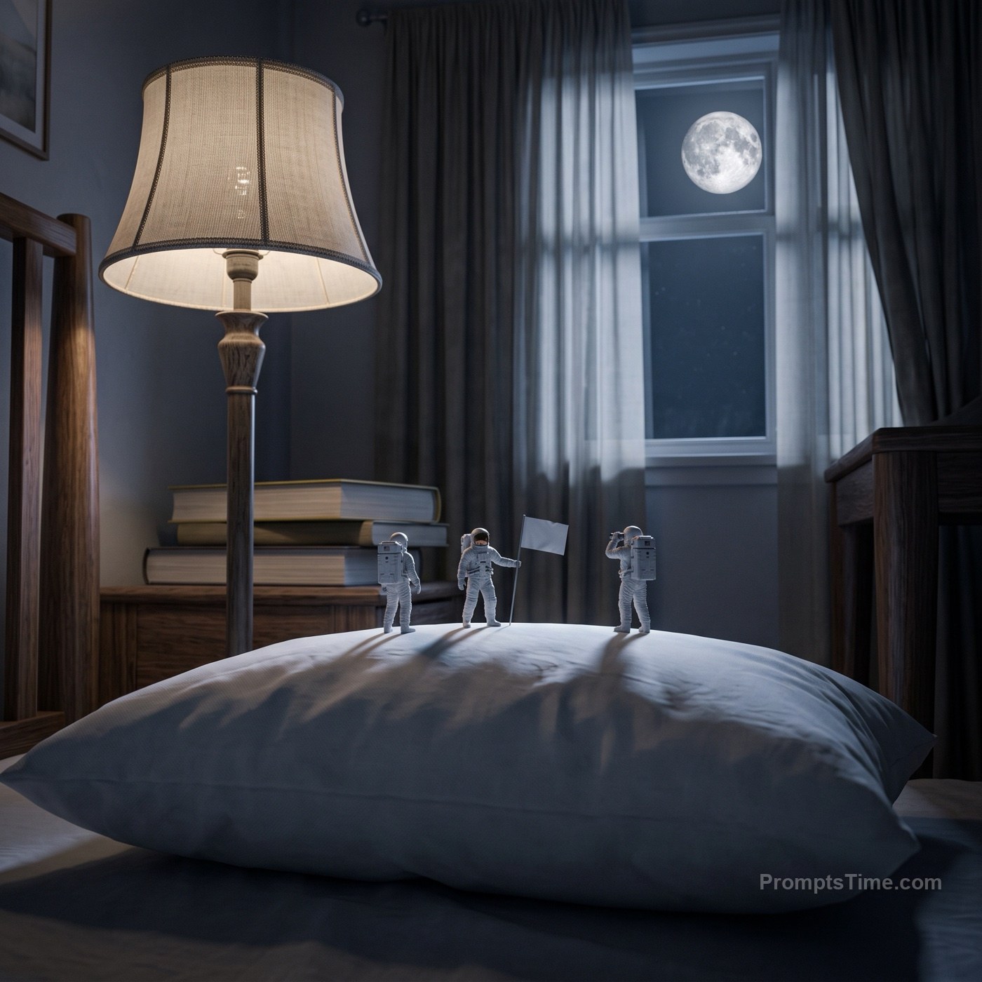 Pillow under bedside lamp with moonlight through the window — AI-generated variation made with Gemini Image